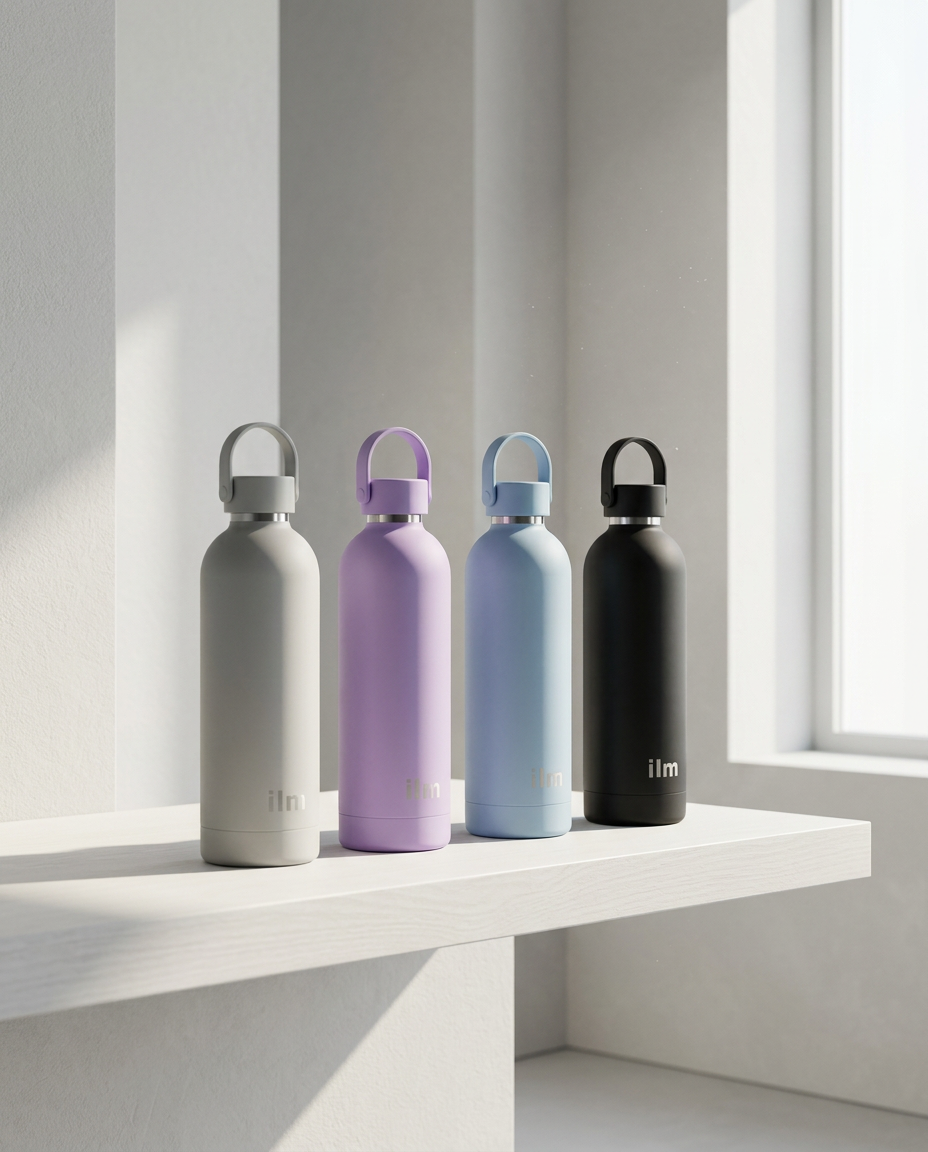 ilm water bottles in grey, purple, light blue and black on a sunlit white shelf