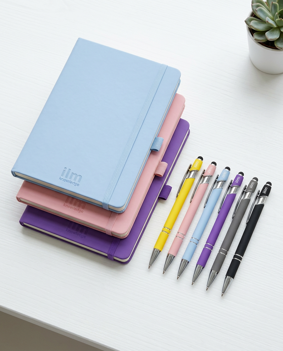 Light-blue, pink and purple ilm notebooks beside six ilm pens on a white desk