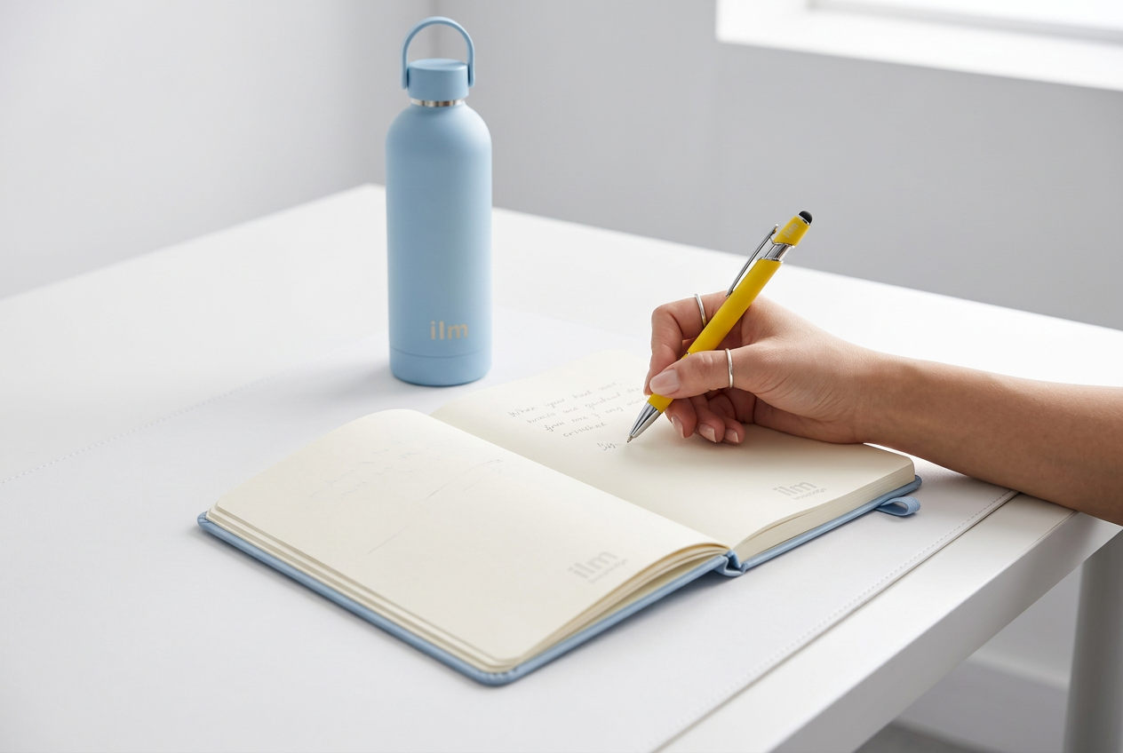 A hand writing in a light-blue ilm notebook with a yellow ilm pen beside a light-blue ilm bottle