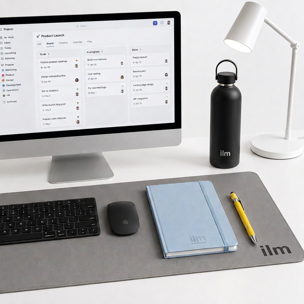 A bright white ilm desk setup with an Apple-style monitor displaying a macOS workspace, a grey ilm desk mat, plain light blue ilm notebook, yellow ilm pen, and black ilm water bottle