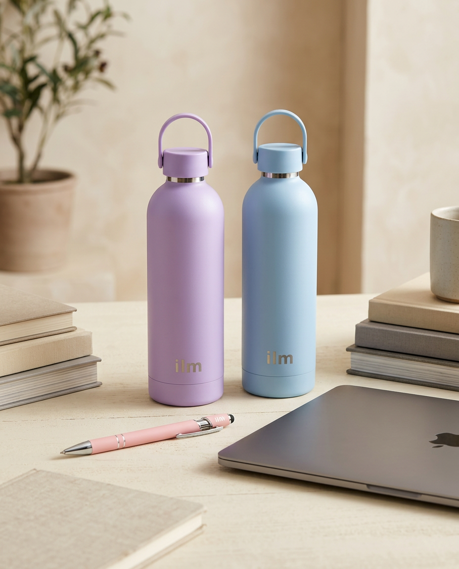 Lavender and light blue ilm water bottles beside books and a laptop