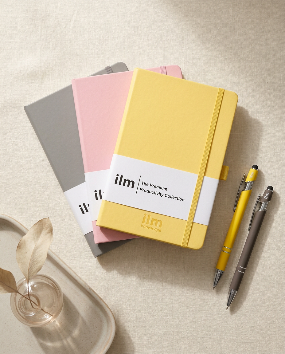 Yellow, pink and grey ilm notebooks with matching pens on a linen desk